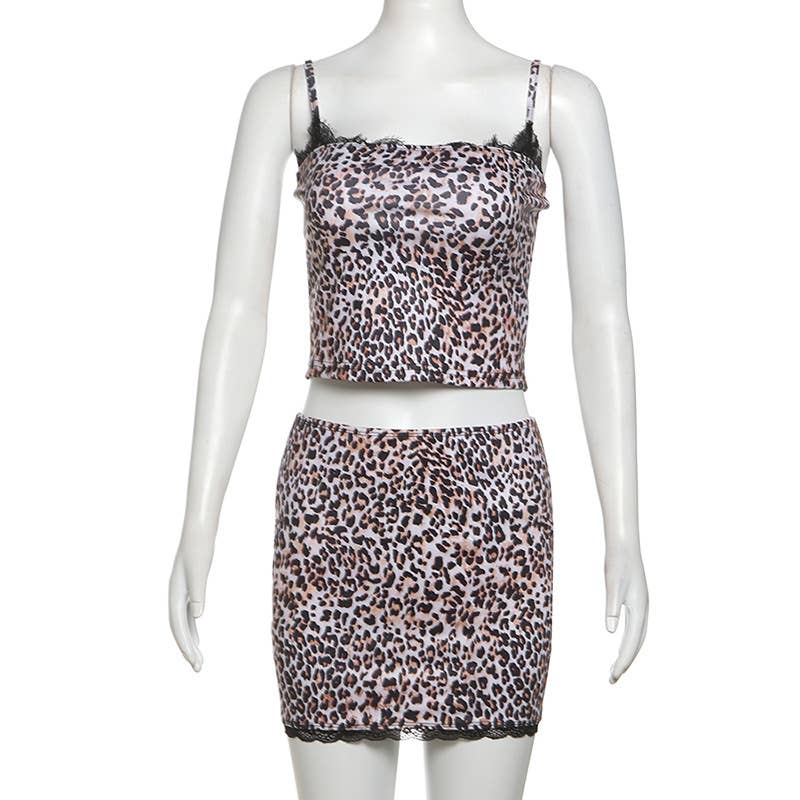 LEOPARD PRINT MIDRIFF HALTER SKIRT HIP WRAP SET