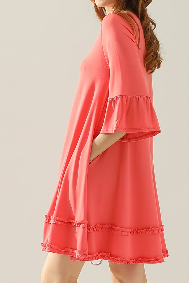 CWDSD10355_SMALL RUFFLE DETAILS 3/4 SLEEVE TIERED DRESS
