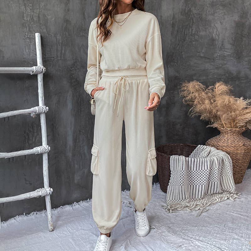 SOLID COLOR TEXTURE CASUAL TWO-PIECE SET