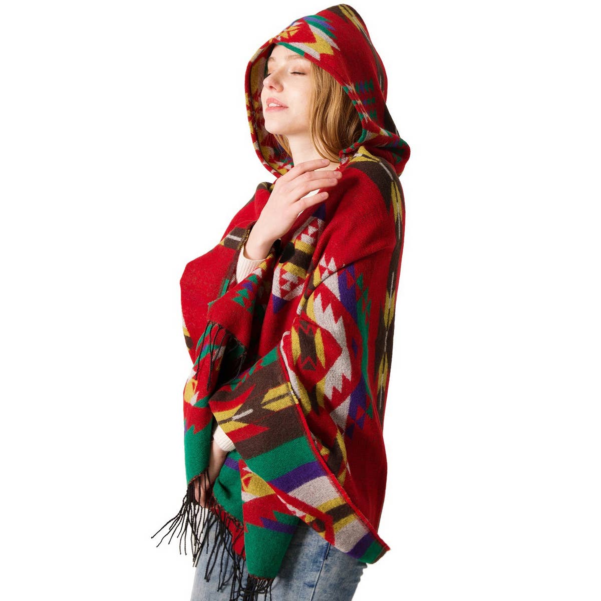 HORN BUTTON BOHEMIAN HOODED CAPE SHAWL