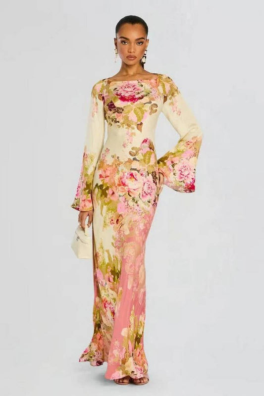 CWDMD6035_FLORAL PRINT LONG BELL SLEEVE MAXI EVENING DRESS