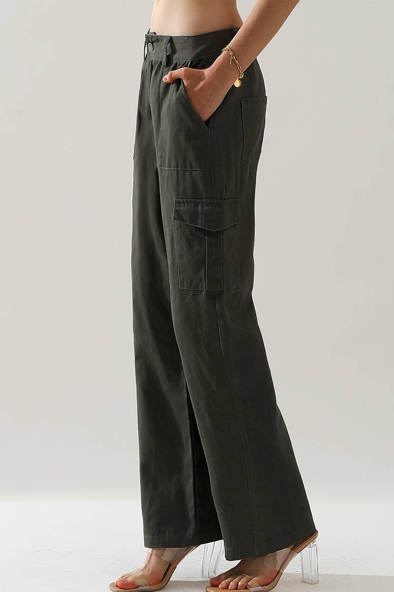 CWBLP421_Cargo Cotton Pants Wide Leg Casual Pants 4 Pockets