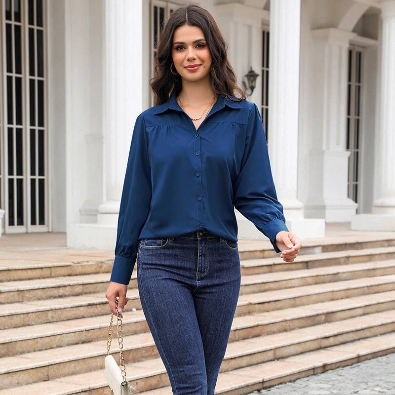 Lantern-sleeve pleated stand collar loose shirt