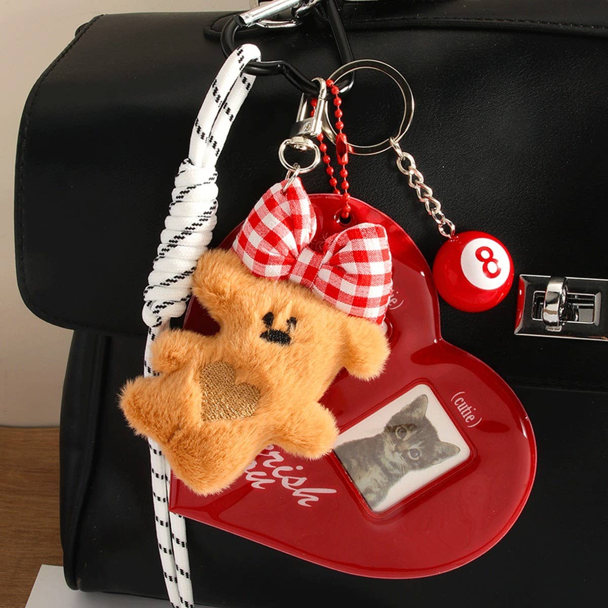 Cute Plush Bear Keychain with Bow & Photo Holder
