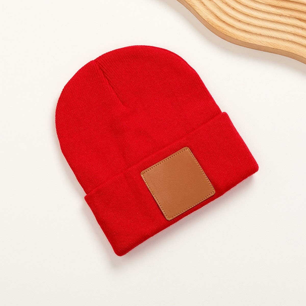 CWAH04345_ LEATHER PATCH KNIT BEANIE HAT UNISEX