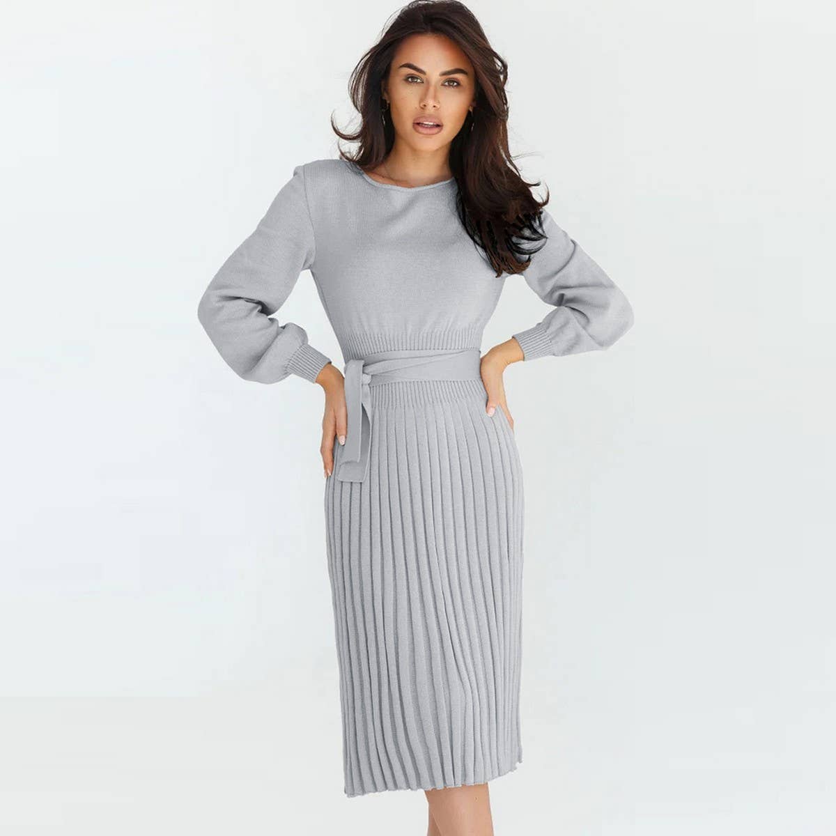 Knit slim-fit pleated long bottom sweater dress