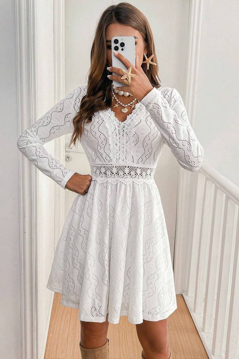 CWDSD8534_SOLID LACE PATCHWORK SCALLOP HEM MINI SUNDRESS