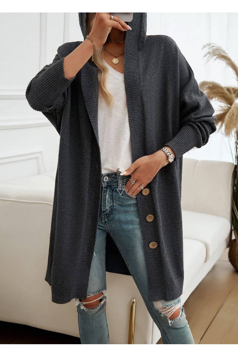 CWOCAL0873_Button Up Hooded Knit Sweater Long Cardigan