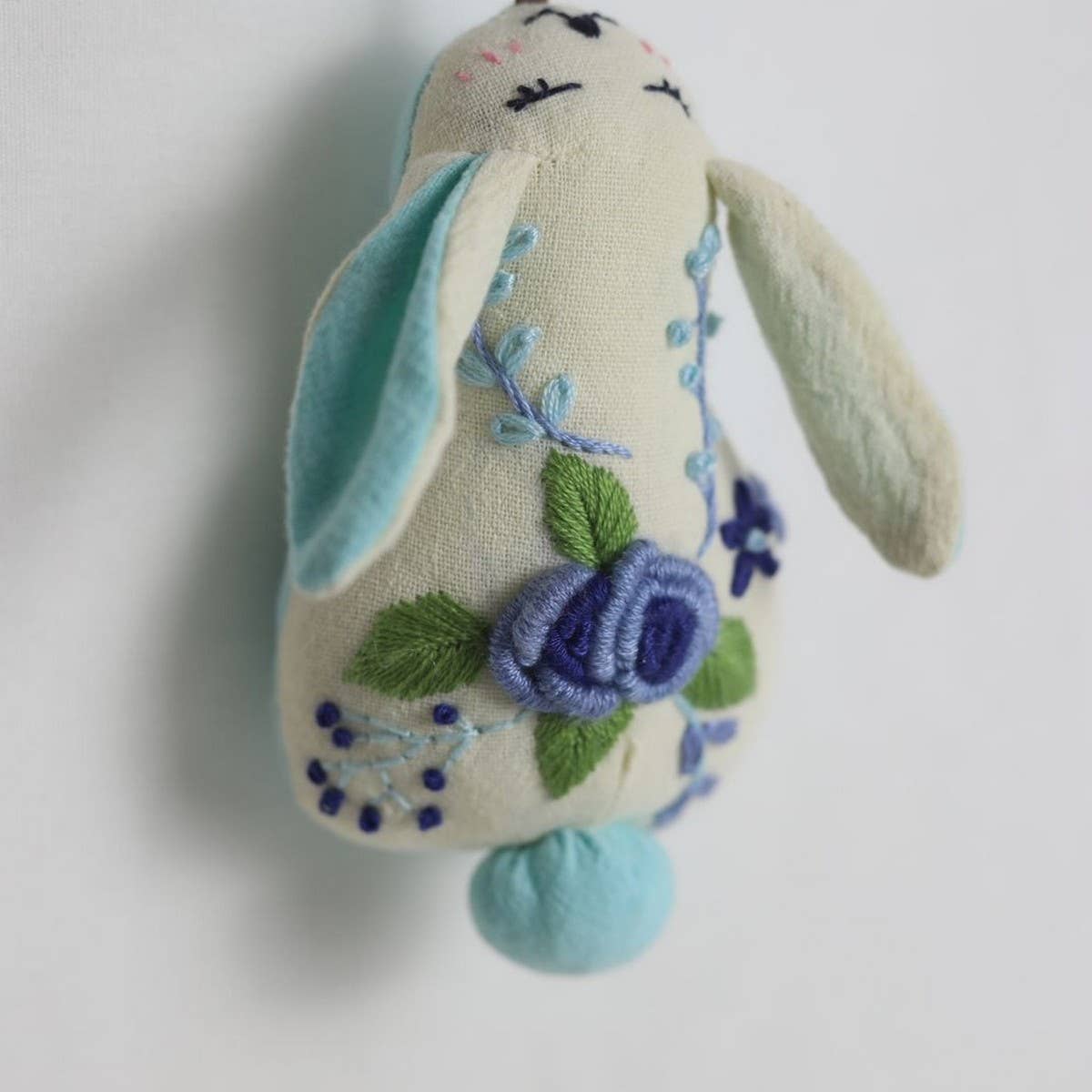 Hand-Embroidered Blue Rose Bunny Plush Charm