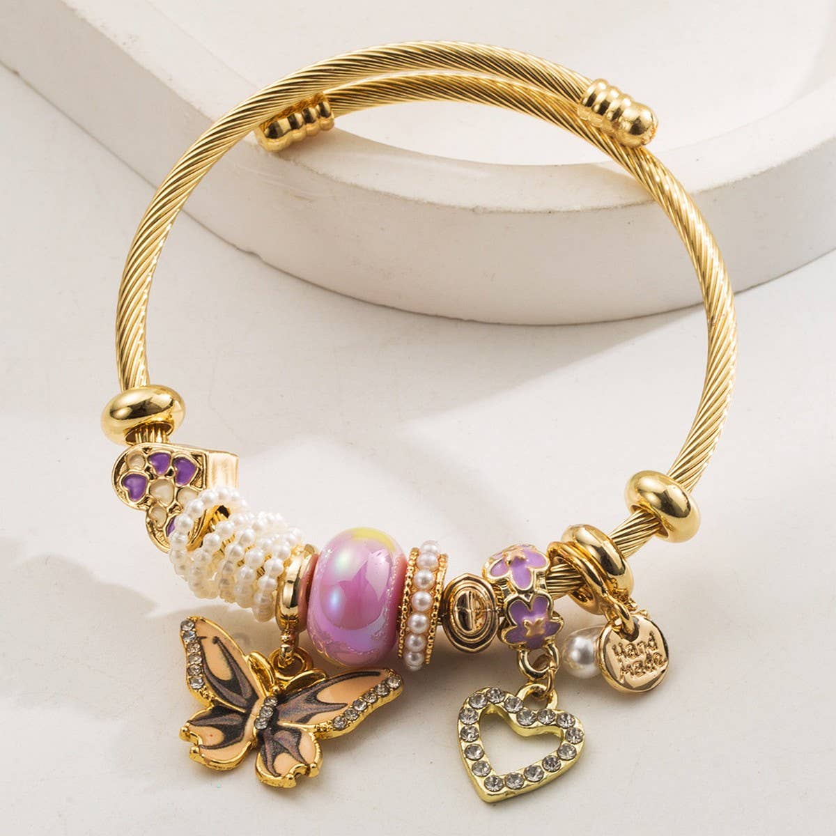 Elegant Butterfly & Heart Pendant Steel Bracelet