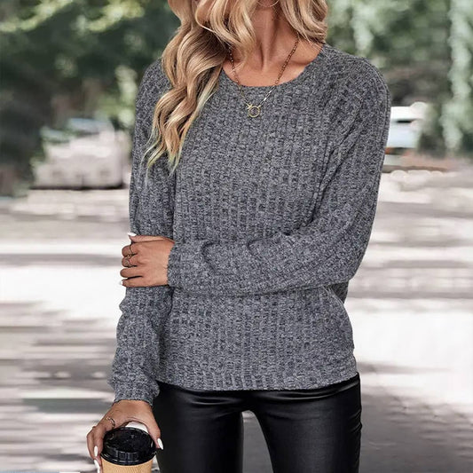 WOMEN ROUND NECK LONG SLEEVE SOLID COLOR KNIT TOP_CWOSWL1509