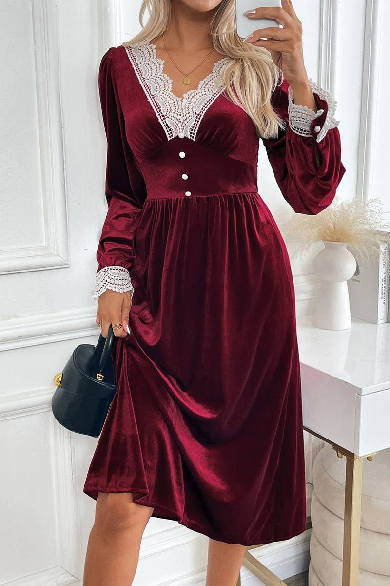 CWDMD4805_V-NECK LACE PANEL CONTRAST COLOR DRESS