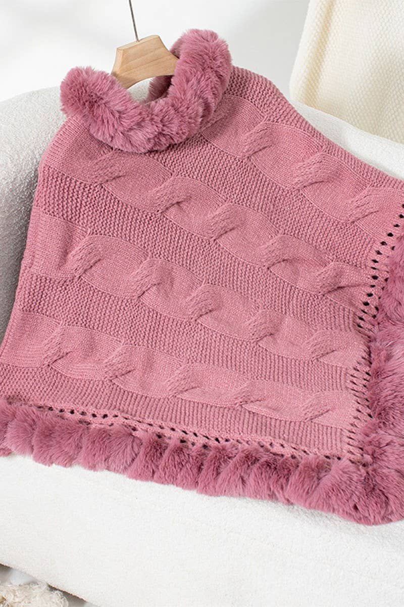 CWOSWL2803_FUR COLLAR THICK CABLE PULLOVER SWEATER CAPE