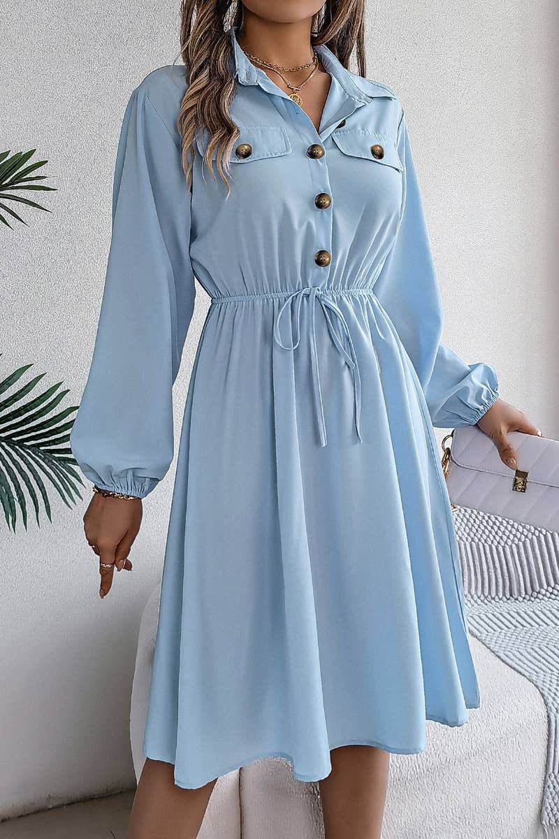 CWDSD6424_CASUAL BUTTON-DOWN WAIST SHIRT DRESS SHORT