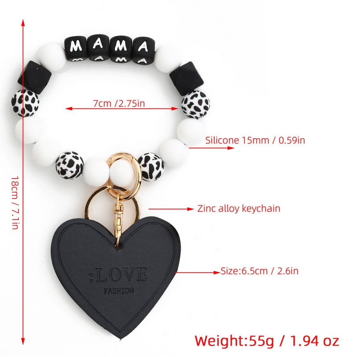Leopard Print Silicone Bead Heart Bracelet Keychain_CWAB5018