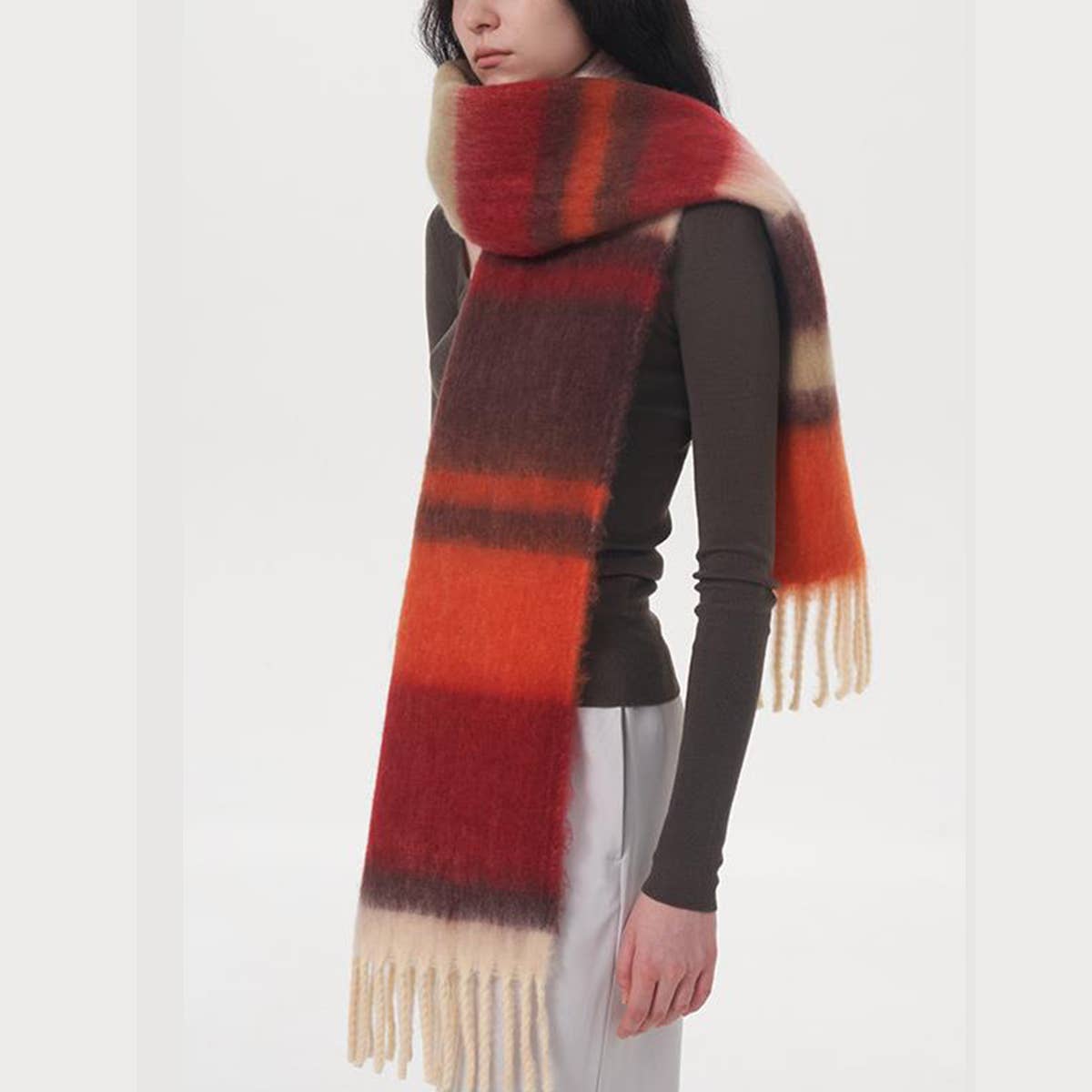 WOMEN CONTRASTING STRIPED FRINGED PLAID SCARF