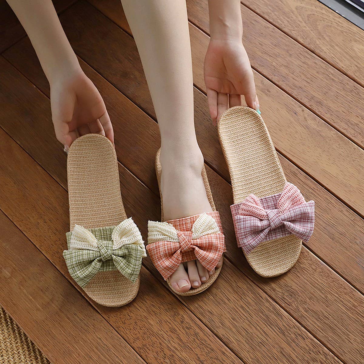 Korean Linen Bow Slippers Soft Sole Non-Slip