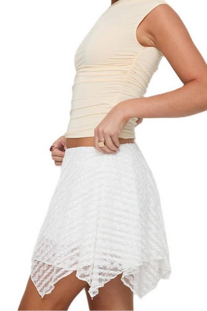 CWBSS0483_WHITE ASYMMETRICAL LACE MESH SKIRT