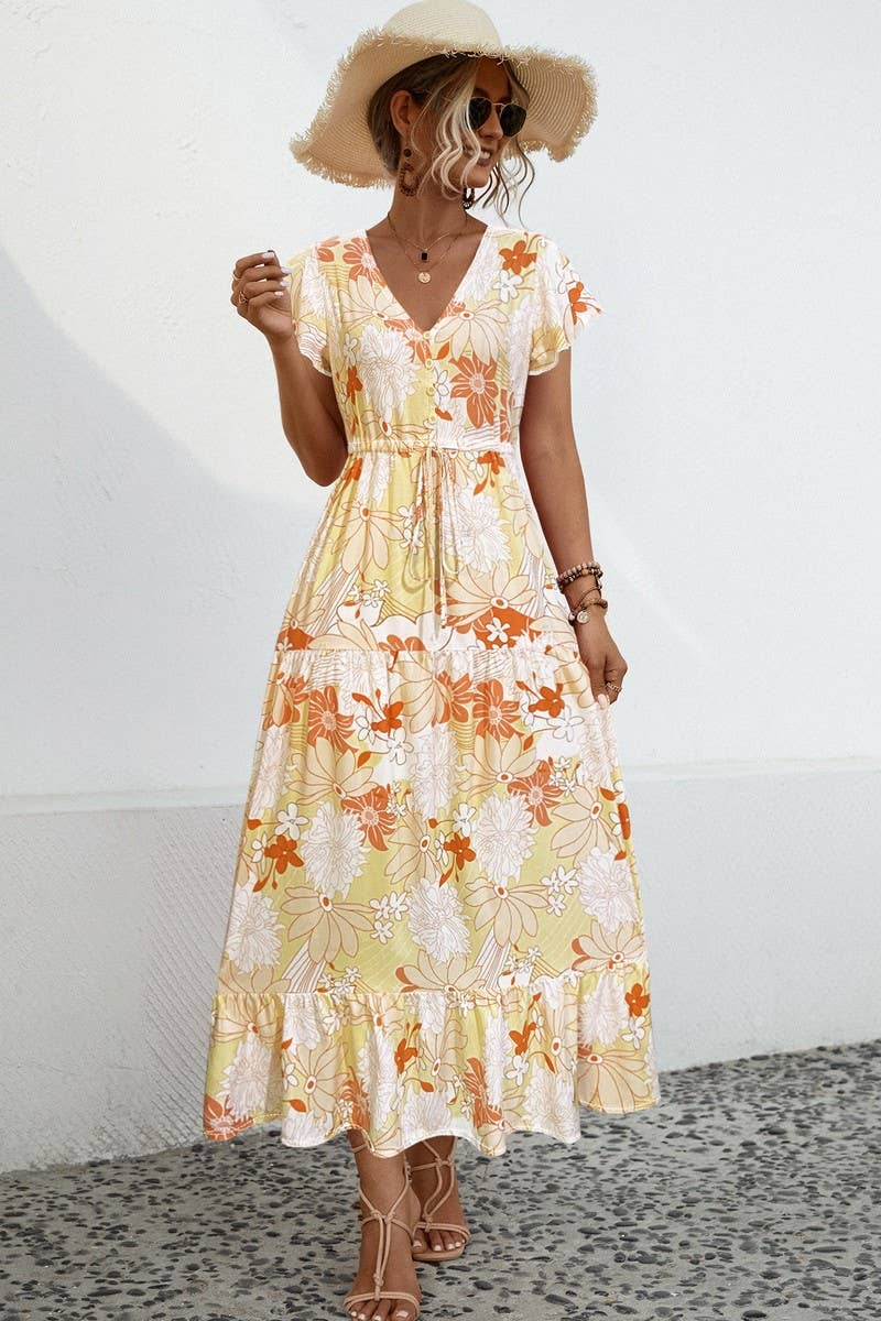 CWDMD2767_V-NECK FLORAL PRINT BUTTON-DOWN LONG DRESS
