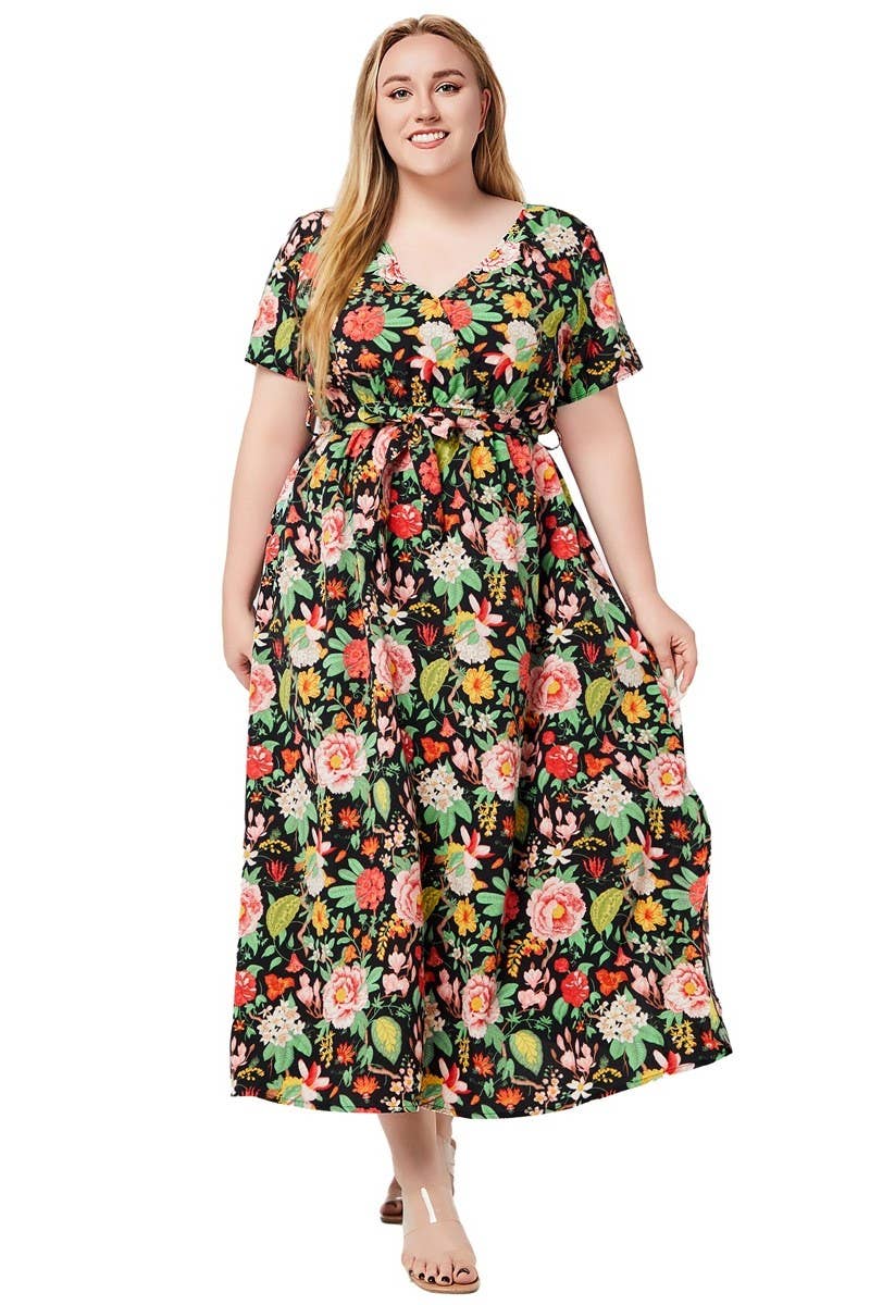 CWDMD3211_PLUS SIZED V-NECK PRINTED MAXI DRESS