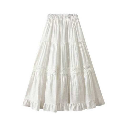 High-Waist A-Line Lace Trimmed Midi Skirt