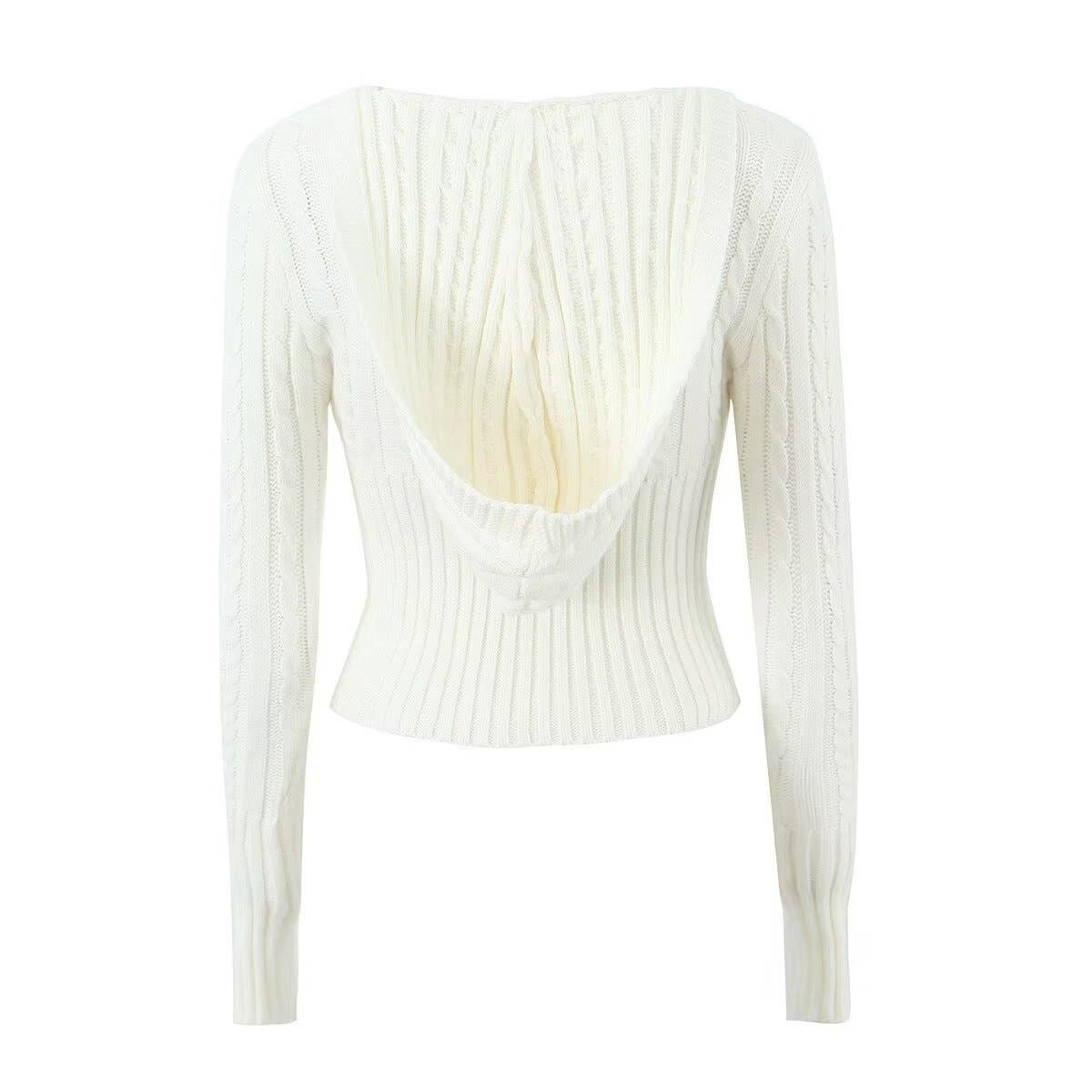 V-NECK HOODED SHORT KNIT SWEATER