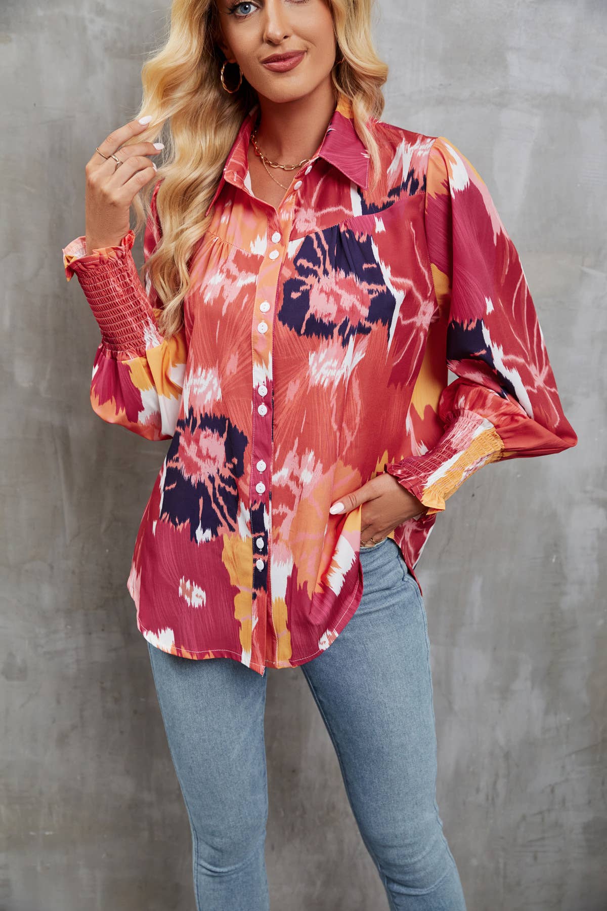 Lapel floral print lantern sleeve shirt
