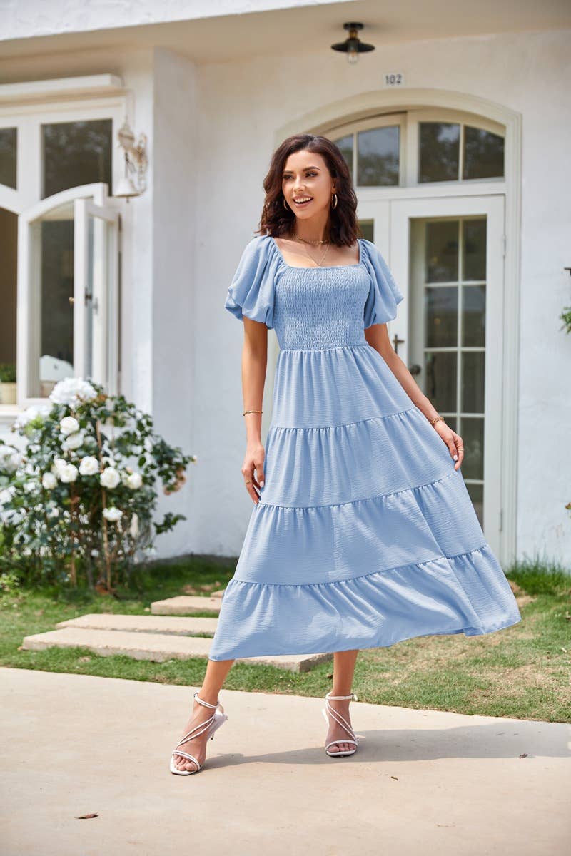 Square neck backless puffy sleeve pleated dress