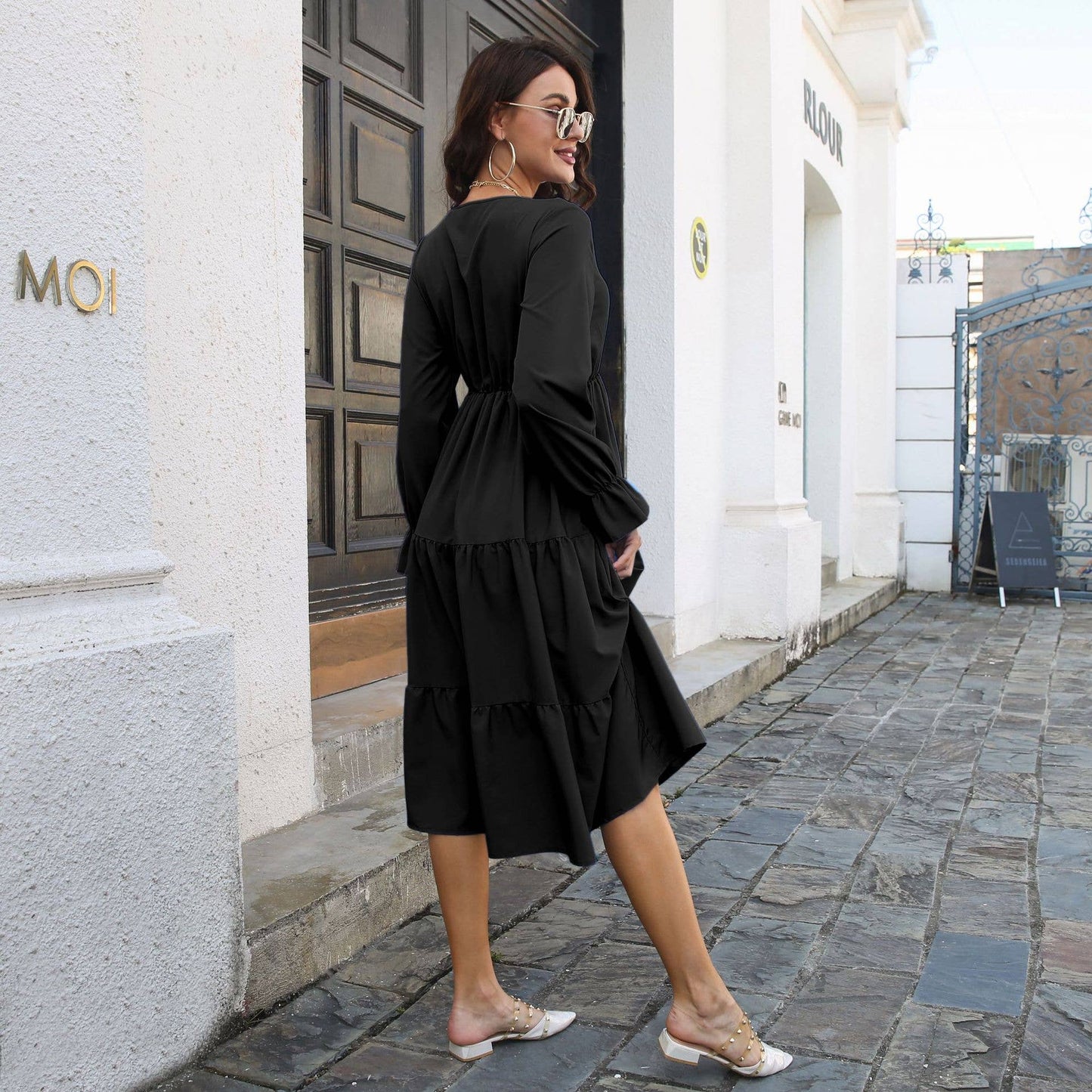 V-NECK LAYERED FLARED SLEEVES LONG-SLEEVED DRESS