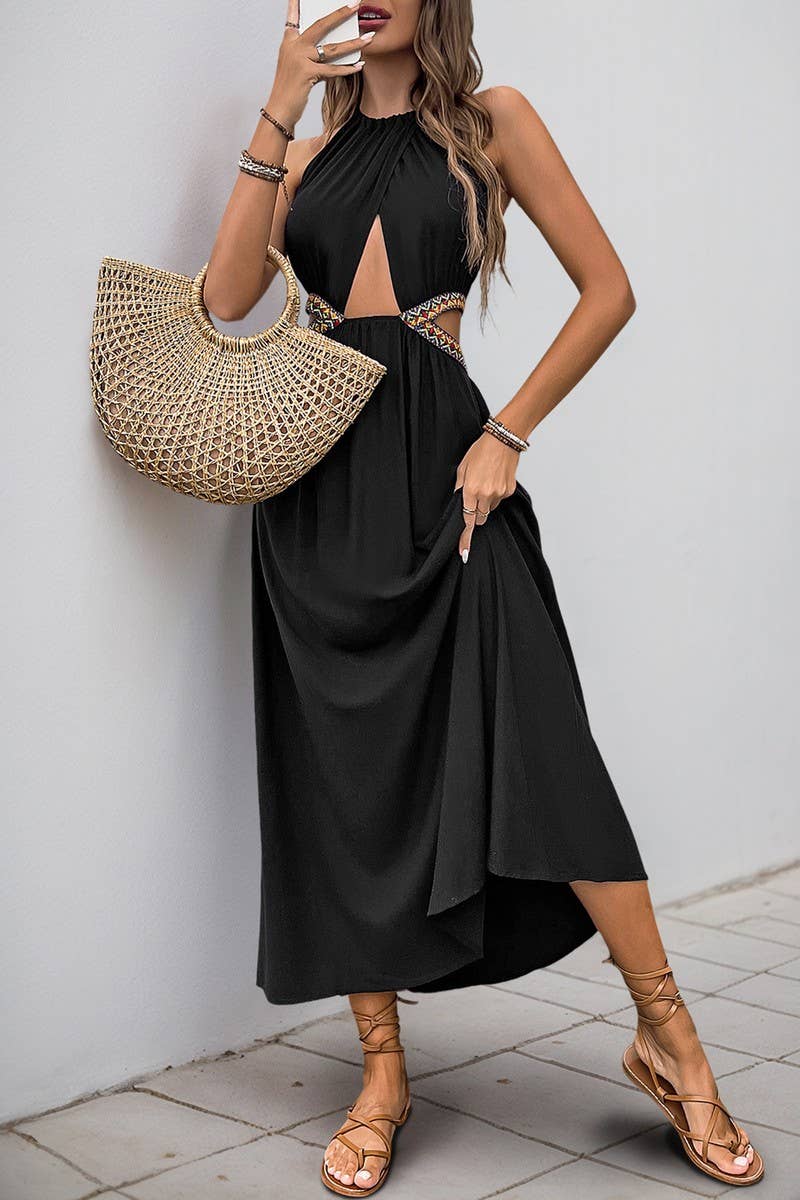 CWDHL0636_HOLLOW SLEEVELESS HOLIDAY STYLE HALTERNECK DRESS