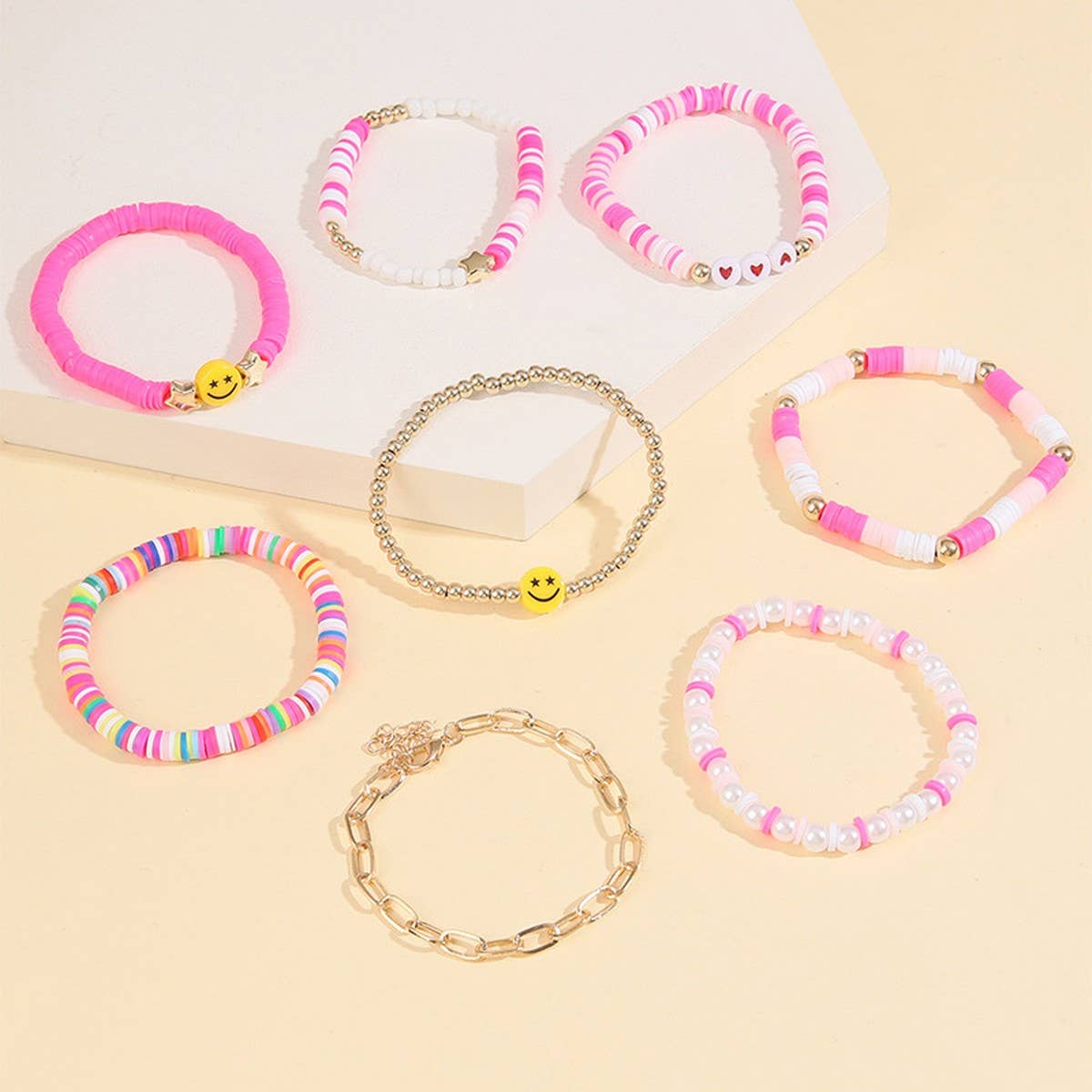 POLYMER CLAY HEART SMILEY FACE BRACELET SET_CWMM3515