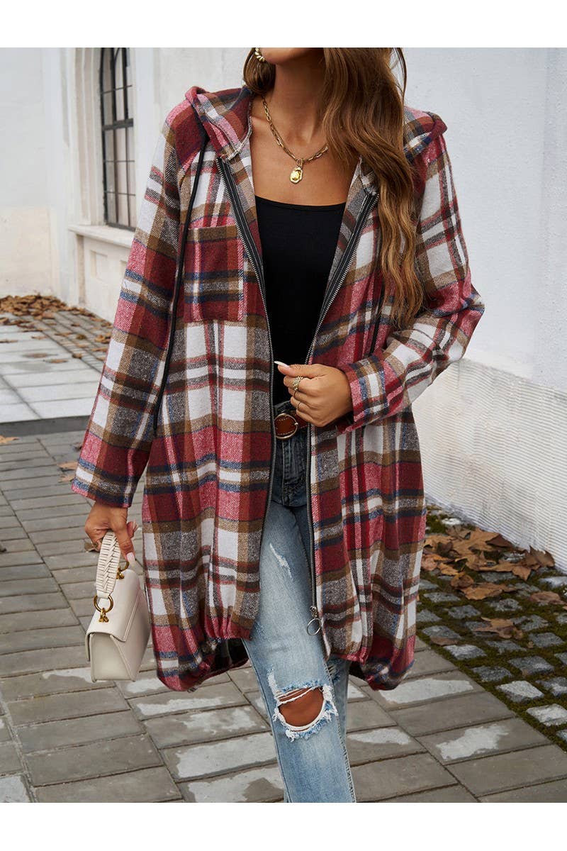CWOCO0236_Casual Baggy Plaid Long Sleeved Zipper Hooded Coat