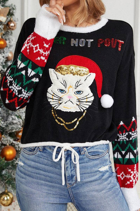 WOMEN KITTEN PRINTED SWEATER_CWOSWL1646
