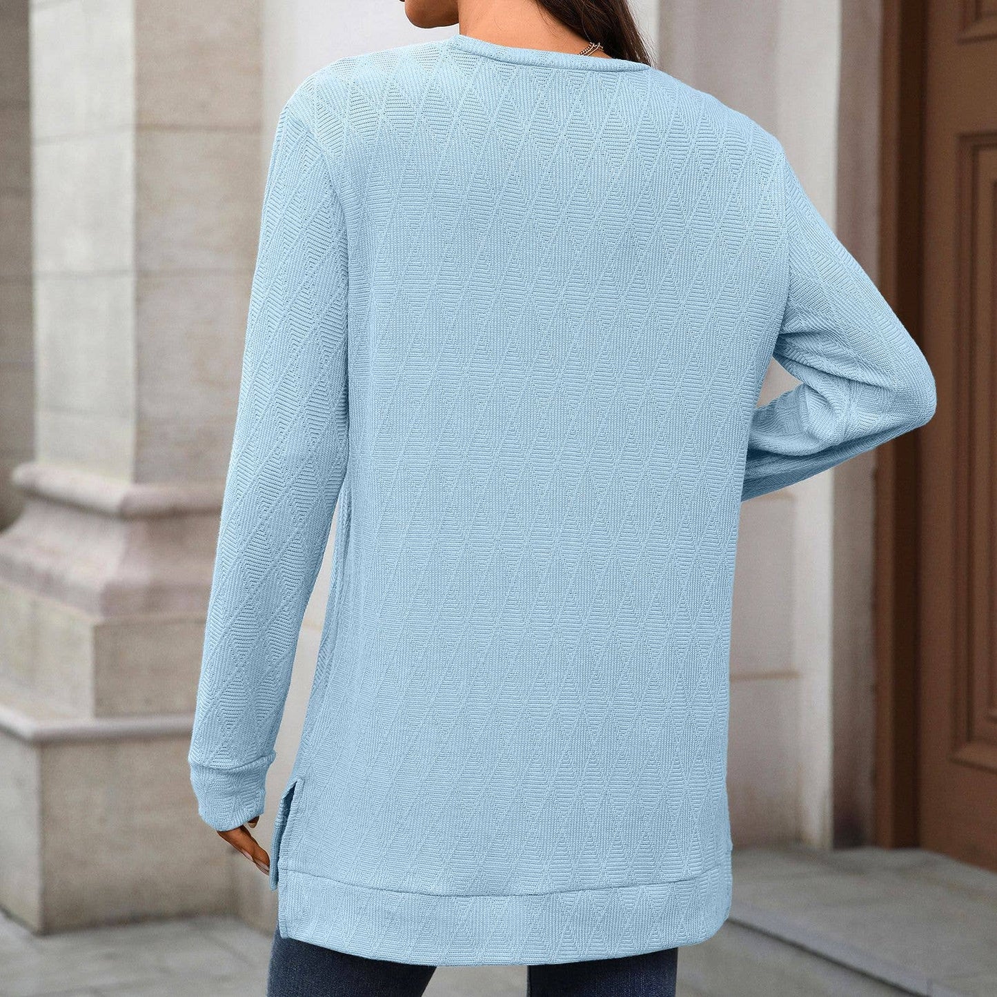 Round-neck knitted jacquard long-sleeved T-shirt