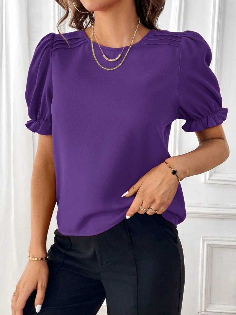 Stylish solid color puffed sleeve crew-neck shirt