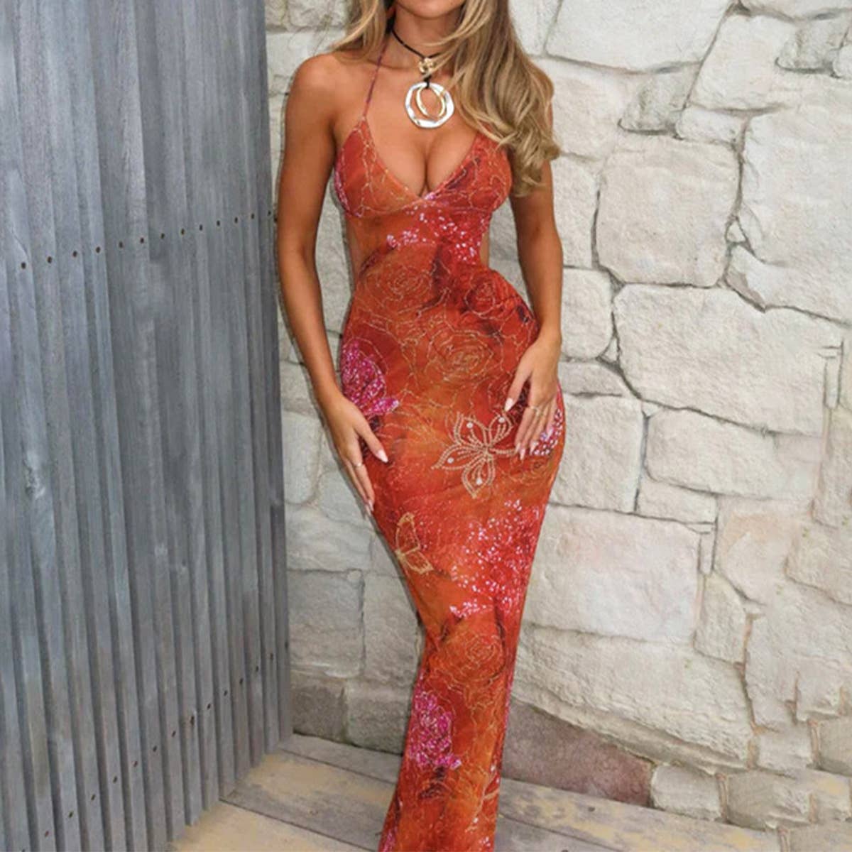 Sexy decolletage long holiday dress with hip wrap