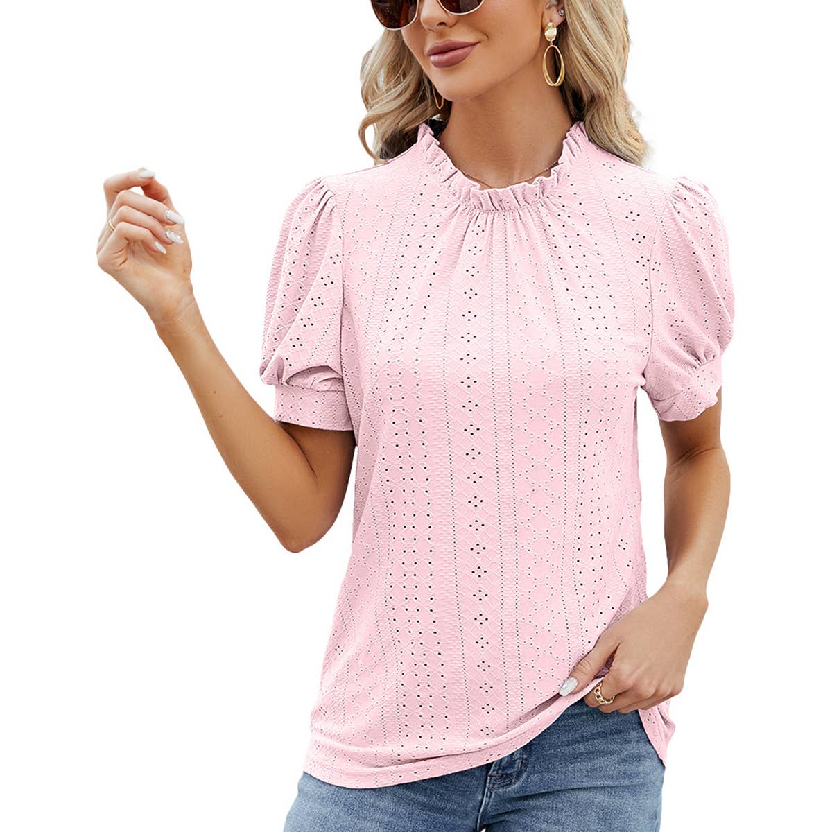 RUFFLE SHIRT WITH LACE COLLAR AND PUFFY SLEEVES