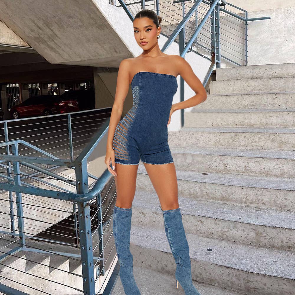 Ripped zipper, chest-hugging denim jumpsuit