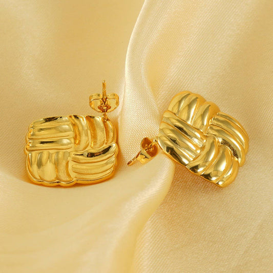 CWAJE1938_Stainless Steel Square Grain Stud Earrings,Gold