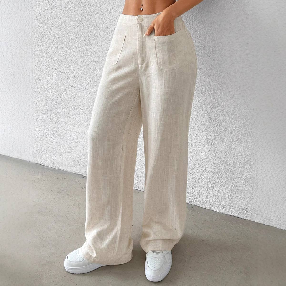 COTTON LINEN SOLID COLOR STRAIGHT LEG PANTS