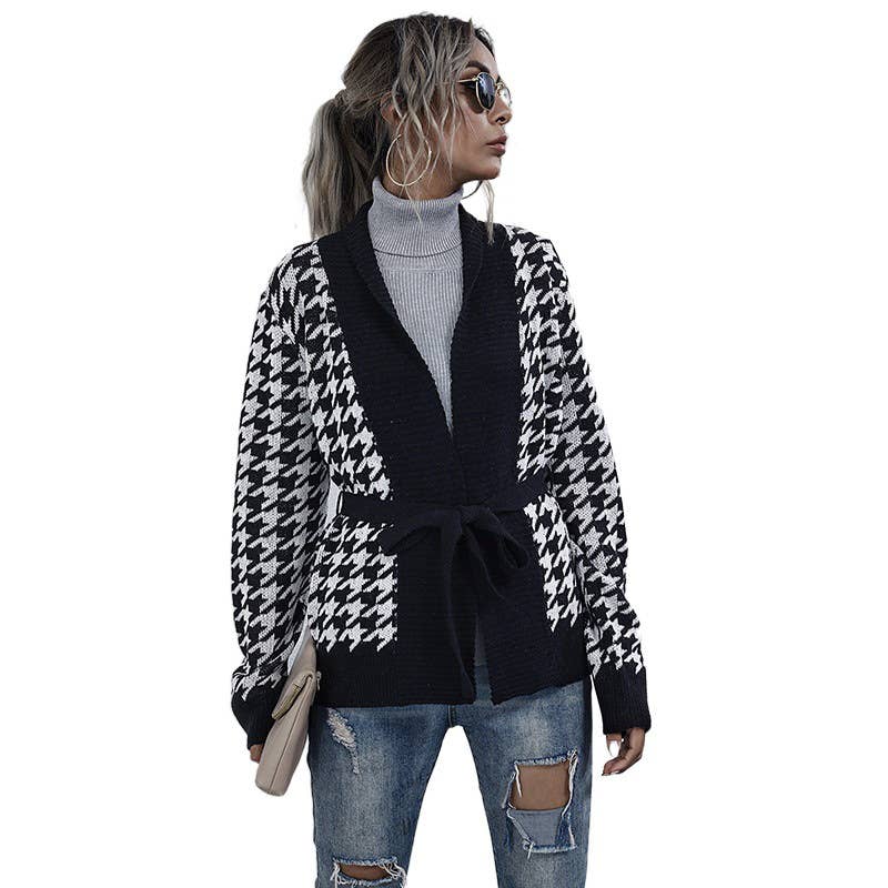 V-NECK PLAID FASHION LACE-UP WAIST CARDIGAN