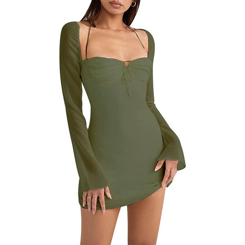 Sexy lace-up halter flared sleeve sheath dress