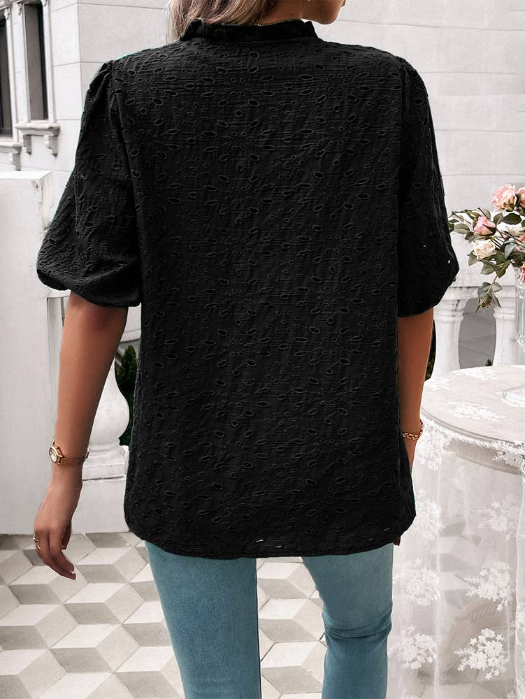 TEMPERAMENT PUFFED SLEEVE EMBROIDERED SHIRT