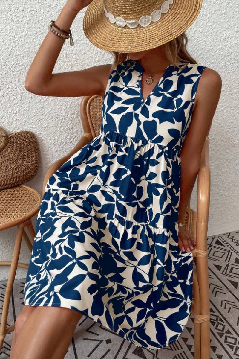 CWDSD8560_PRINTED V-NECK SLEEVELESS TIERED DRESS