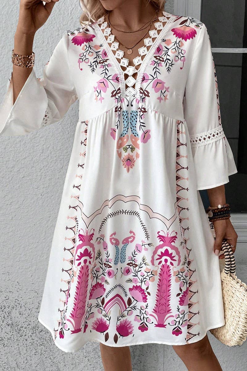 CWDSD8671_SUMMER V-NECK LACE STITCHING CASUAL DRESS