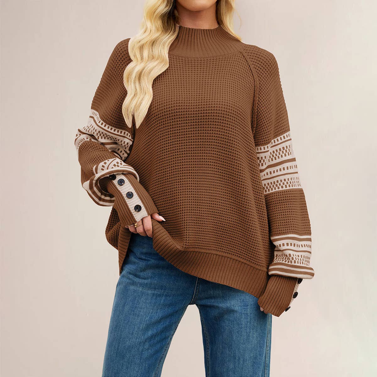 Knitted color-blocked semi-high-neck sweater