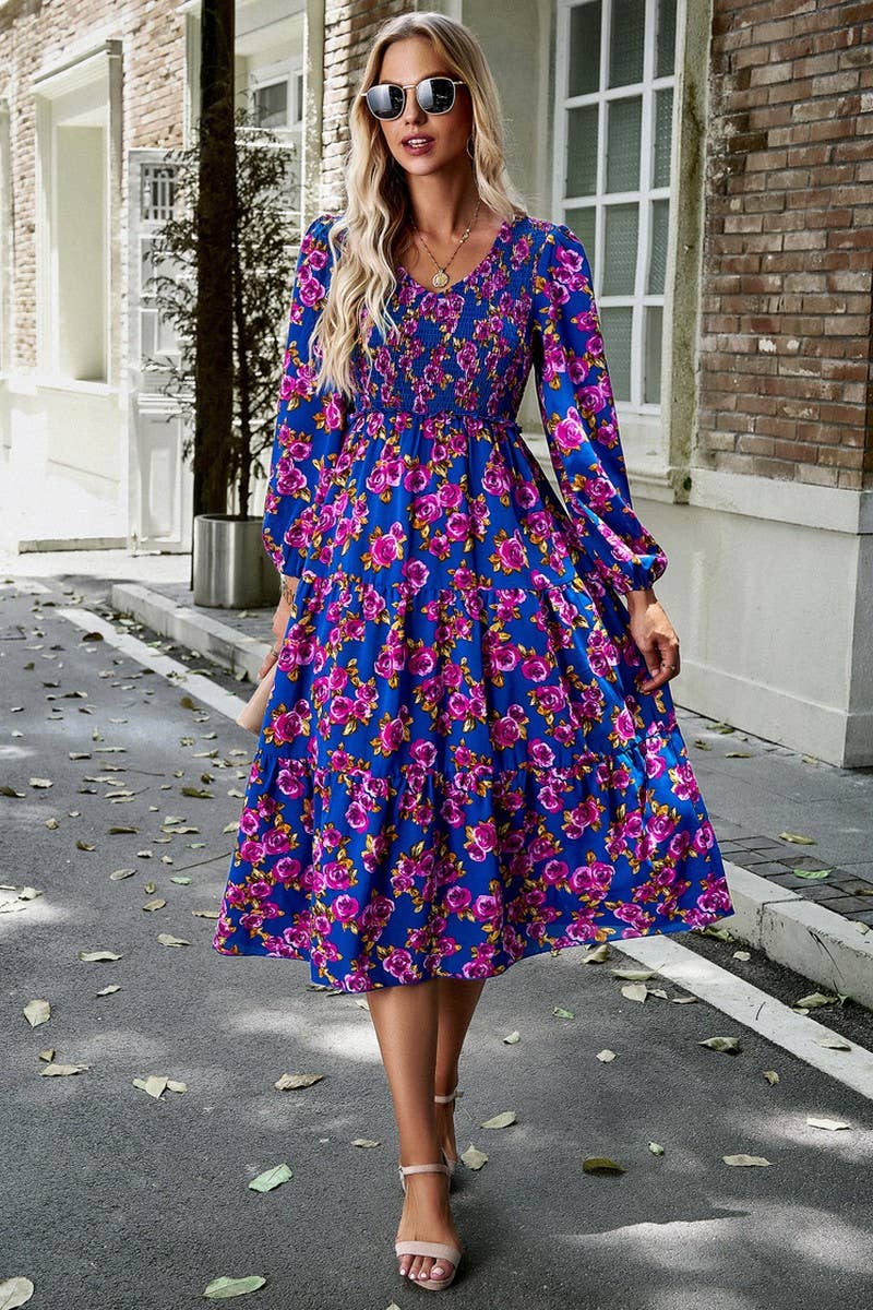 WOMENS V NECK LONG SLEEVE PRINTED DRESS_CWDMD0706