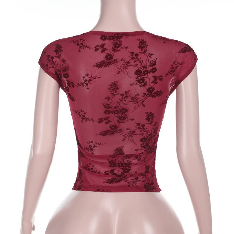 Sheer Mesh Vintage Print Sexy Top Short Sleeve