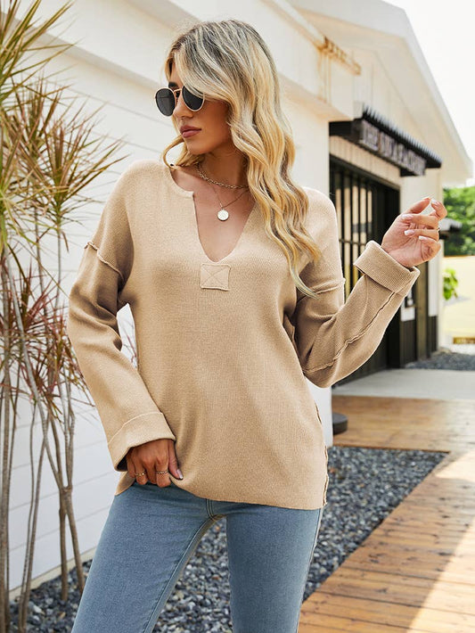 SOLID COLOR V-NECK PULLOVER ROLL SLEEVE SWEATER