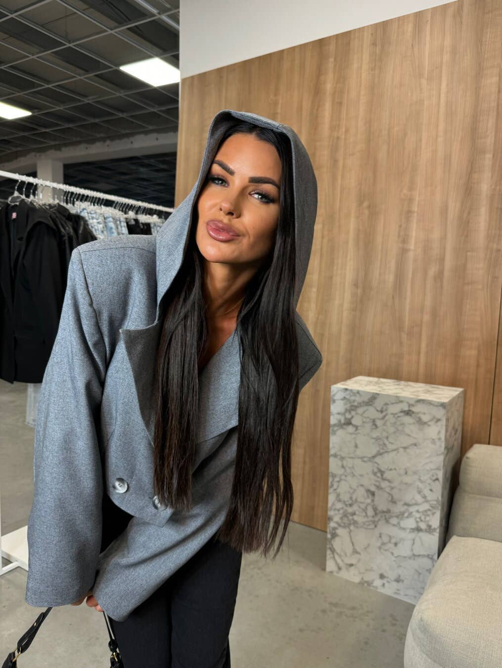 HOODED LONG SLEEVE SMALL SUIT SOLID COLOR COAT